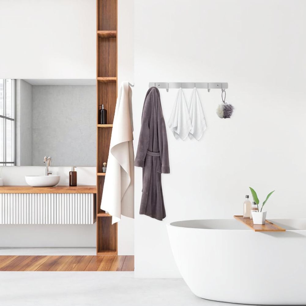 Home Bathroom Organizer - ราวแขวนอเนกประสงค์สแตนเลส ตะขอติดผนัง สำหรับจัดระเบียบผ้าเช็ดตัวและเสื้อผ้าในบ้าน ห้องครัว ห้องน้ำ